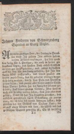 Johann Freiherrn von Schwarzenberg Schreiben an Georg Vogler