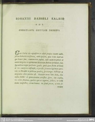 Iohanni Danieli Kalbio S.D.P. Christianus Gottlob Bienerus