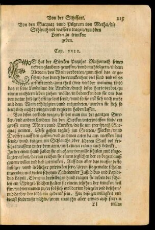 Von den Sacquaz unnd Pilgram von Mecha/ die Schleuch vol wassers tragen/ unnd den Leuten zu trincken geben. Cap. XXII.