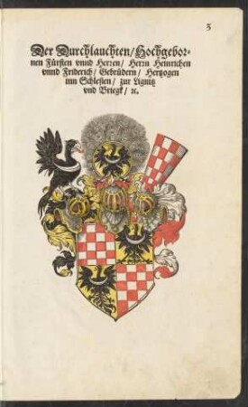 Der Durchlauchten/ Hochgebornen Fürsten unnd Herren/ Herrn Heinrichen unnd Friderich/ Gebrüdern/ Hertzogen inn Schlesien/ zur Lignitz und Briegk/ etc.