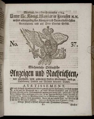 No. 37. Montags, den 16ten September, 1754.