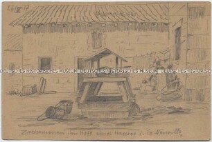 Ziehbrunnen im Hof eines Hauses bei La Neuville, handgezeichnete Postkarte von der französischen Front