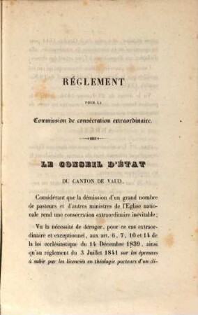 Réglement pour la commission de consécration extraordinaire