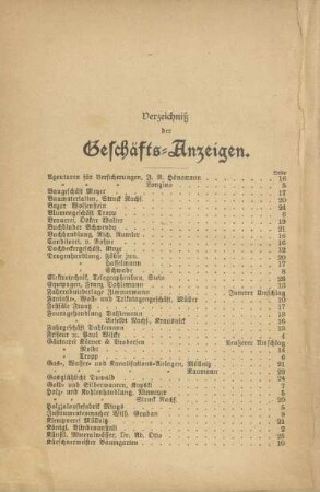 Verzeichniß der Geschäfts-Anzeigen