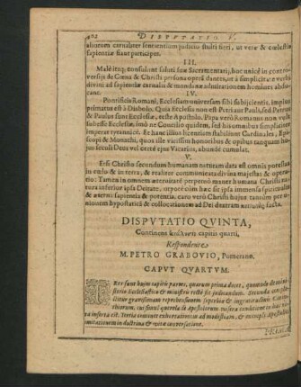 Disputatio Quinta. Respondente M. Petro Grabovio