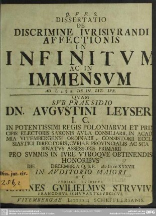 Dissertatio De Discrimine Iurisiurandi Affectionis In Infinitum Ac In Immensum : Ad L. 4. §. 2. De In Lit. Iur.