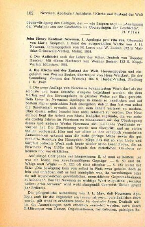 102-104 [Rezension] Newman, John Henry, Apologia pro vita sua : Geschichte meiner religiösen Überzeugungen