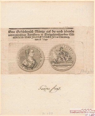Medaille auf Susanna Maria Preißler, geb. Dorsch, Edelsteinschneiderin