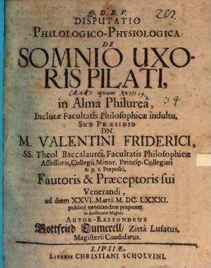 Disp. philol. physiol. de somnio uxoris Pilati