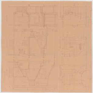 Fischer, Theodor; Nördlingen; Landwirtschaftsschule - Eingang mit Kellertreppe, Treppe vom EG zum 1. OG u. Treppe vom 1. OG zum DG (Grundrisse, Ansichten, Schnitte)
