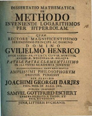 Diss. math. de methodo inveniendi logarithmos per hyperbolam