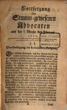 Der stumm gewesene Advocat : auf d. Jahr .... 1771