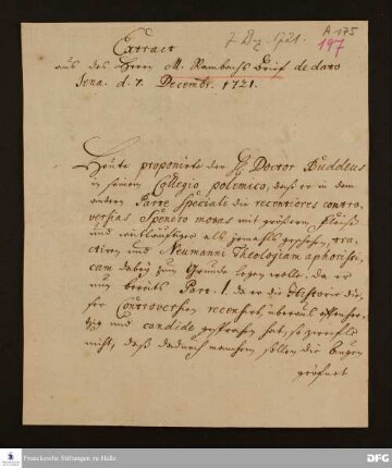 Auszug eines Briefs von Johann Jakob Rambach an August Hermann Francke.