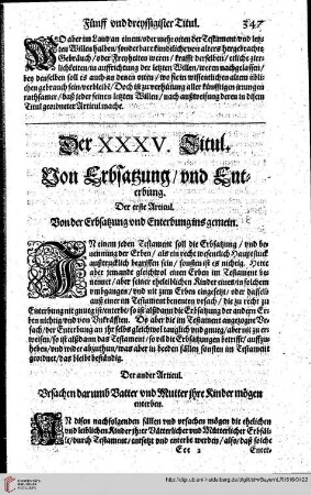 XXXV. Titul Art. I Von der Erbsatzung und Enterbung ins gemein