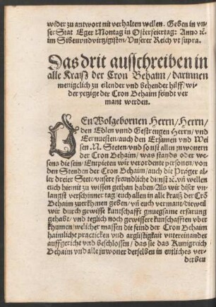 Das drit ausschreiben in alle Kraiß der Cron Behaim ...
