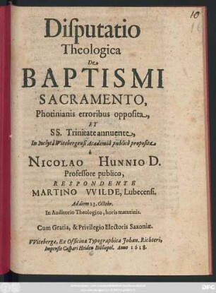 Disputatio Theologica De Baptismi Sacramento, Photinianis erroribus opposita, Et SS. Trinitate annuente