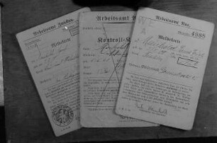 Meldekarte der Arbeitsämter Zwickau und Aue (sogennante Stempelkarten) für den erwerbslosen Tischler Erich Meinhold aus Markersbach 1930/33 : Meldekarte der Arbeitsämter Zwickau und Aue für den erwerbslosen Tischler Erich Meinhold