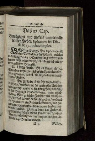 Das 37. Cap. Eintägiges und enckels immerwährendes Fieber/ Ephemera seu Diaria & Synochus simplex.
