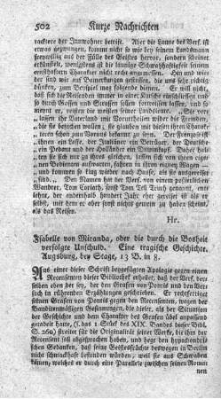 Isabelle von Miranda, oder die duch die Bosheit verfolgte Unschuld.