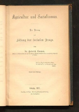 Agricultur und Socialismus : ein Beitrag zur Lösung der socialen Fragen : nebst einem Anhange