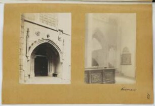 Kirche, Krumau: Ansicht Portal, Innenansicht (aus: Skizzen- und Fotoalbum 21)