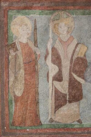 Gemaltes Wetzlarer Altarbild — Linkes Register - Heiliger mir Buch und Stab und heiliger Bischof