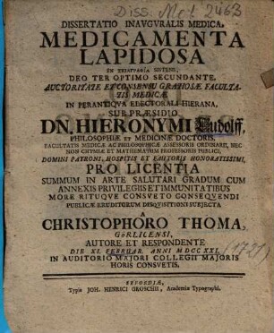 Dissertatio Inavgvralis [Inauguralis] Medica, Medicamenta Lapidosa