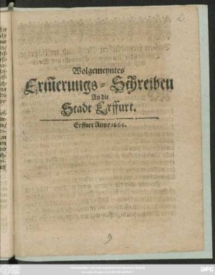 Wolgemeyntes Erin[n]erungs-Schreiben An die Stadt Erffurt : [Regenspurg den 28. Martii/ Anno 1664.]
