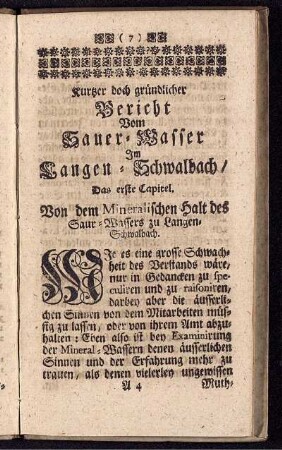 Das erste Capitel. Von dem Mineralischen Halt des Saur-Wassers zu Langen-Schwalbach