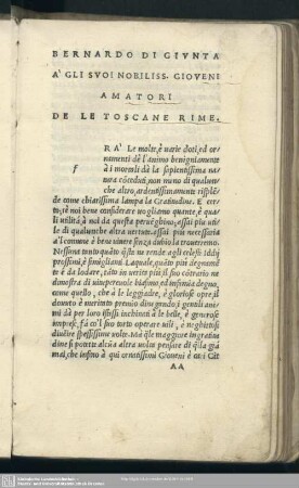 Bernardo di Giunta à gli suoi nobiliss. gioveni amatori de le toscane rime