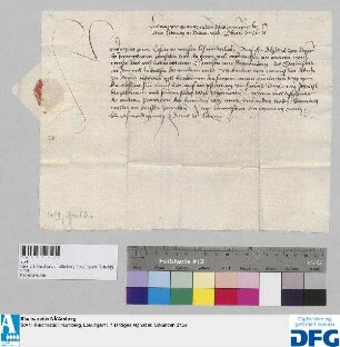 Herzog Ludwig IX. von Bayern-Landshut verkündet der Stadt Nürnberg einen Rechttag nach Landshut in ihrer Fehde mit Hanns von Degenberg des Lorenz Schürstab wegen.