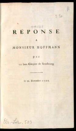 Réponse A Monsieur Hoffmann : par un bon Citoyen de Strasbourg ; le 30. Novembre 1789.