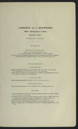 Librería de J. Menéndez (Extracto del catálogo) - Obras de Ernesto Quesada