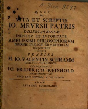 Diss. de vita et scriptis Io. Meursii patris