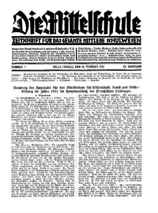 Beratung des Haushalts für das Ministerium für Wissenschaft, Kunst und Volksbildung im Jahre 1931 im Hauptausschuß des Preußischen Landtages
