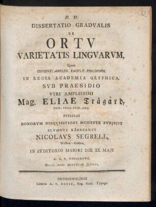 Dissertatio Gradvalis De Ortv Varietatis Lingvarvm