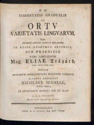 Dissertatio Gradvalis De Ortv Varietatis Lingvarvm