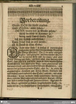 Leichenpredigt : Christliche Leichredigt. Vorbereitung. [Text]. Eingang. Abhandlung. Gebrauch. Applicatio
