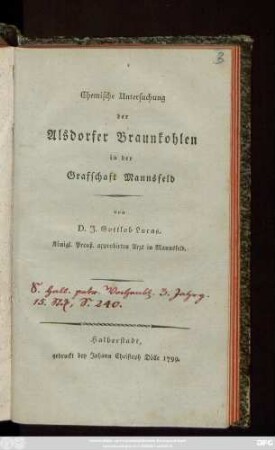 Chemische Untersuchung der Alsdorfer Braunkohlen in der Grafschaft Mannsfeld