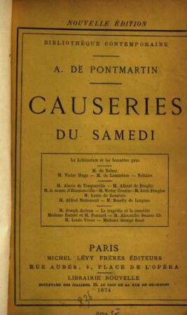 Causeries du Samedi, 2e Série des Causeries littéraires