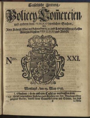 Nro. XXI, Montags, den 19. May 1738