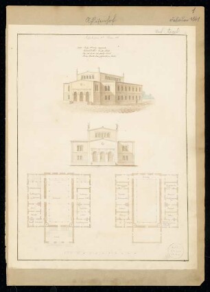 Assisenhof Monatskonkurrenz Februar 1841: Grundriss Erdgeschoss, Obergeschoss, Aufriss Vorderansicht, perspektivische Ansicht; Maßstabsleiste