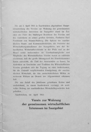 50 Jahre Wirtschaftlicher Verein im Saargebiet