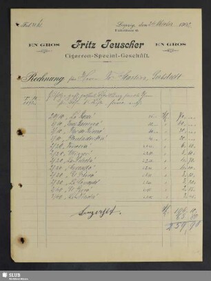 Fritz Teuscher, Cigarren-Special-Geschäft, Leipzig : Rechnung