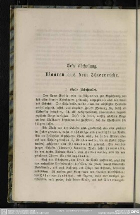 Erste Abtheilung. Waaren aus dem Thierreiche