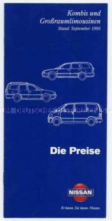 Werbematerial des japanischen Autoherstellers Nissan: Preisliste 1995