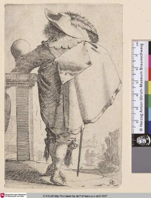 [Kavalie gesehen von hinten; Cavalier seen from back. Rests left hand on balustrade. Palace in left distance]