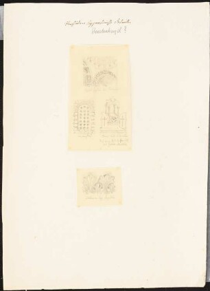Byzantinische Details in Kirchen, Konstantinopel (?): Ansichten Kuppel: Erstes System der Pendantifs, Fensterschluss, Altar und Ziborium, Blätter an Kapitellen (zwei Blätter, vermutlich Nach- oder Durchzeichnungen]