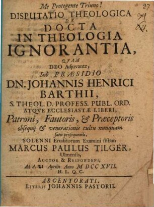Disp. theol. de docta in theologia ignorantia