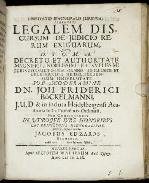 Disputatio Inauguralis Iuridica, Proponens Legalem Discursum De Iudicio Rerum Exiguarum